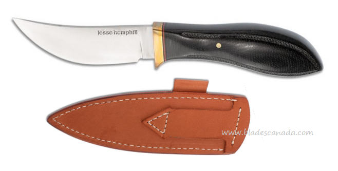 Jesse Hemphill High Falls Fixed Blade Knife, A2 Steel, Micarta Black, Leather Sheath, JH003B